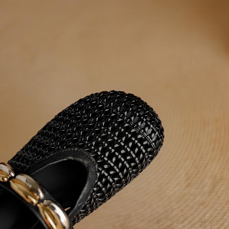 Fashion Women's New Genuine Leather Cowhide Middle Heel Woven Round Head Metal Belt Buckle Breathable Hole Baotou Mueller Slippers