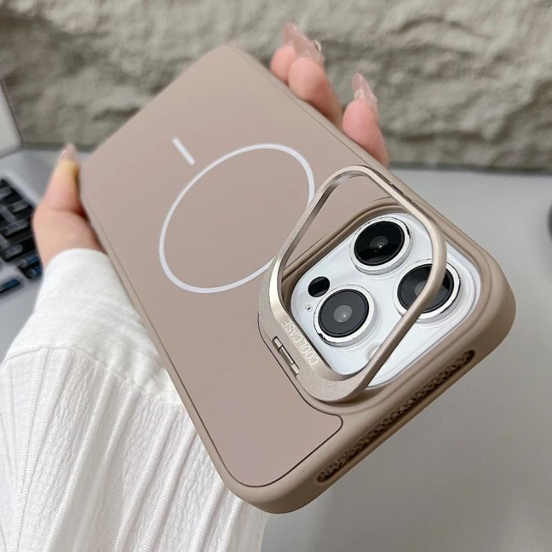 Trendy Silicone Magnetic Lens Stand Case for iPhone 16 15 14 11 12 13 Pro Max Plus MagSafe Compatible Shockproof Protective Case