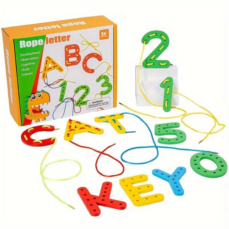 Kids Montessori Number Letter Cognition Threading Toy Wooden Block Game Hand Eye Coordination Educational Toy Ages 3 4 5 6 8 10