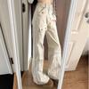 Women's High Waisted Cargo Jeans Beige Wide Leg Denim Pants with Pockets