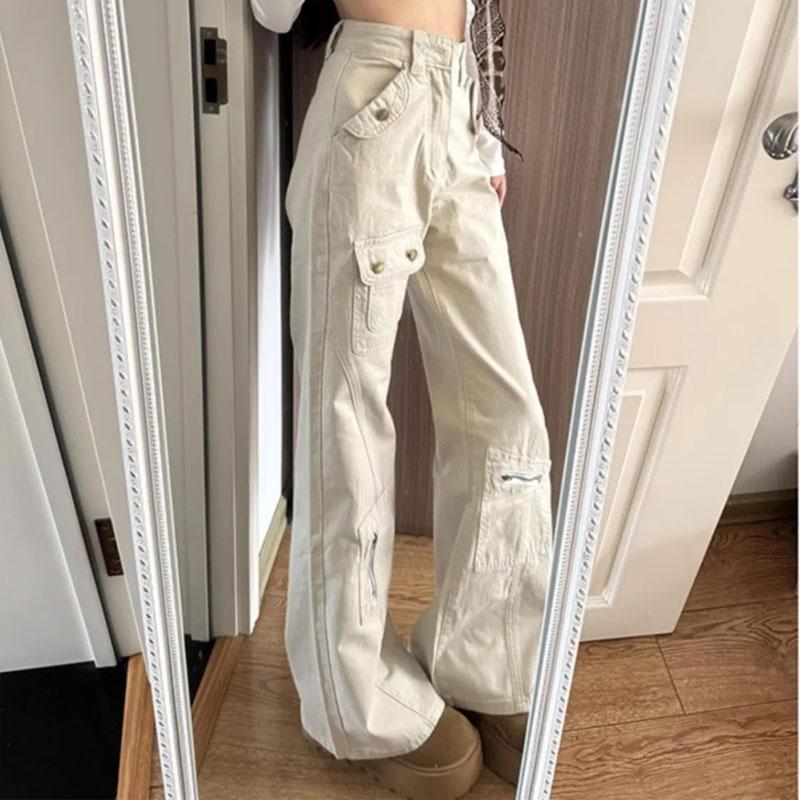 Women's High Waisted Cargo Jeans Beige Wide Leg Denim Pants with Pockets
