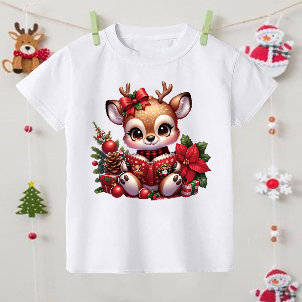 

Cute Christmas Reindeer Baby Shirts Kids Round Neck TShirt Children Xmas Party Costume Toddler Short Sleeve Tee 100