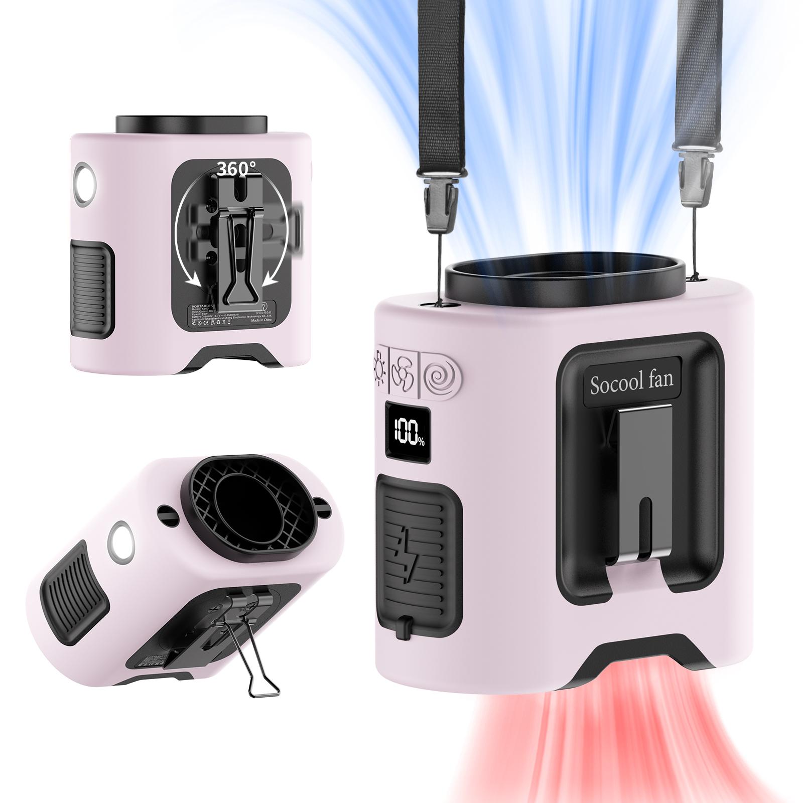 

Socool 14500 мАч Поясной вентилятор Портативный подвесной шейный вентилятор Штормовой ветер с вращающимся на 360° зажимом Зарядка телефона Подсветка для работы на открытом воздухе розовый