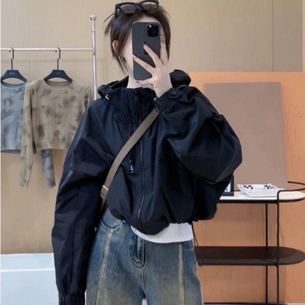 Women's Spring Hooded Short Trench Coat - Double Zipper, Stand-Up Collar, Casual Outdoor Windbreaker