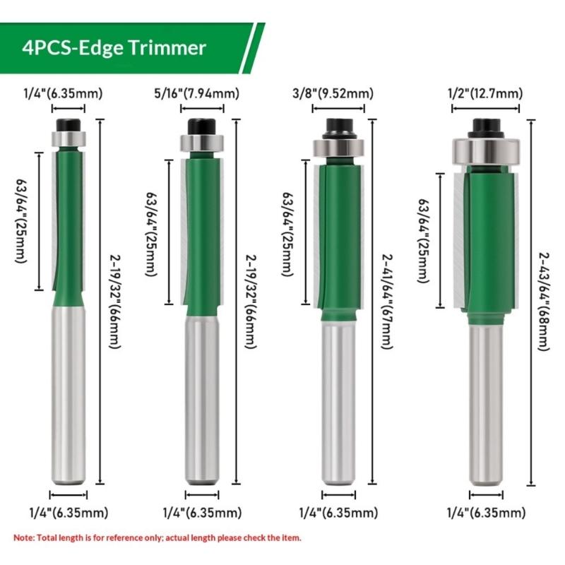 4Pieces 1/4Inch Shank Milling Cutters Suitable for Desktop and Handheld Routers Ideal for Edges Trimming Operations