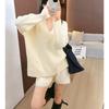 Big V-neck sweater women's two-piece set autumn and winter simple fashion shorts + loose pullover knitted sweater set