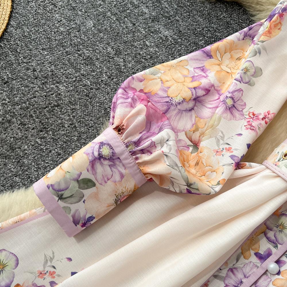 Abiti Lunghi da Festa Donna Primavera Autunno Vintage Stampa Floreale Rosa da Sfilata Manica Lunga Monopetto con Cintura