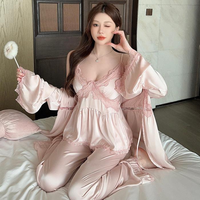 Ice Silk Pajamas Women's Three-piece Set of Pure Lust Sexy Nightgowns, High-end Lace Suspenders, Trousers, Loungewear with Chest Pads