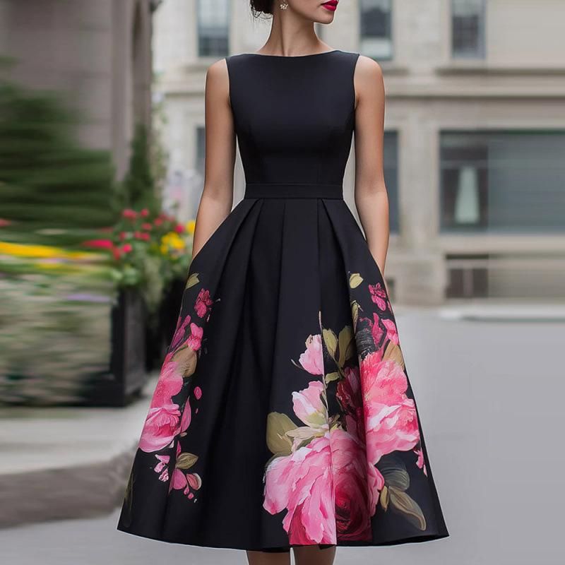 Spring and Summer European and American Cross-border Amazon Independent Station Hot Sale New Sleeveless Flower Waist Pleated Dress Women