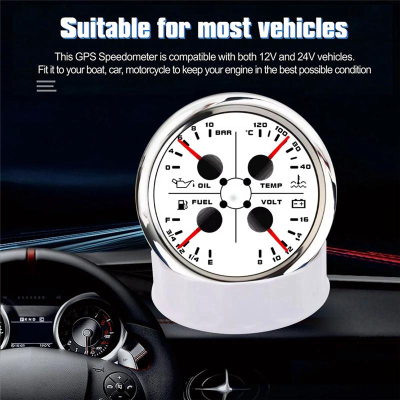 NEW-85Mm 4-In-1 Multifunction Gauge With 0-190Ohms/240-33Ohms Fuel Level Gauge Water Temp Oil Press Voltmeter