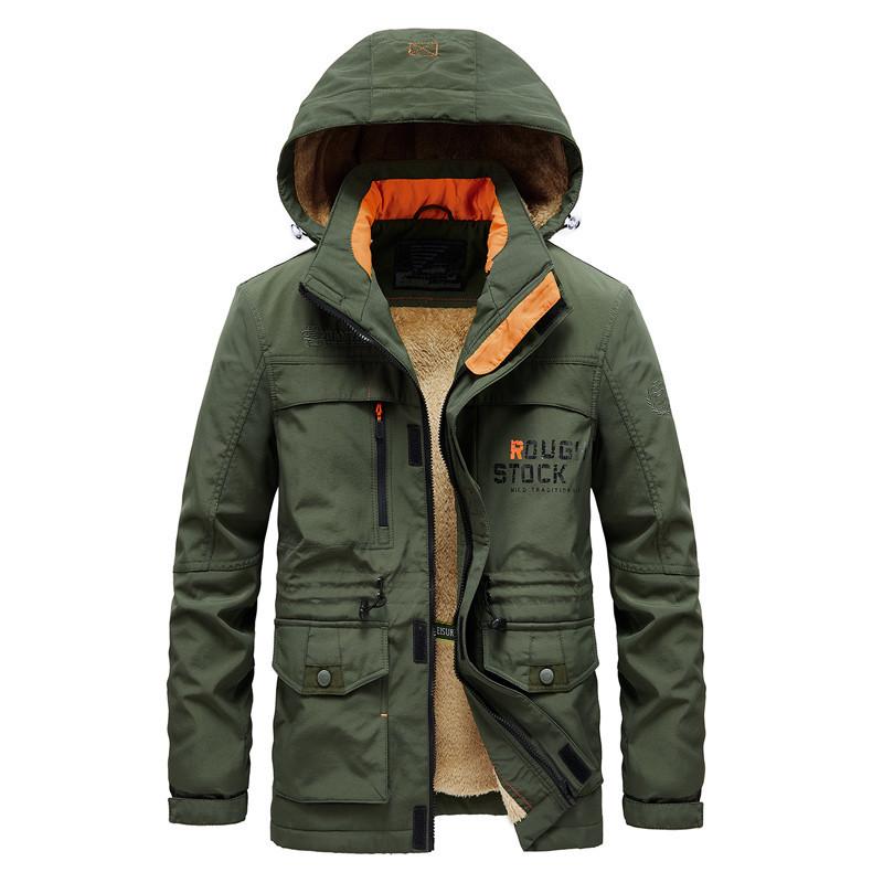 

Men s Plus Size Hooded Mid-Length Velvet Cotton Jacket - 2024 Autumn/Winter Casual Outerwear XXL зелений