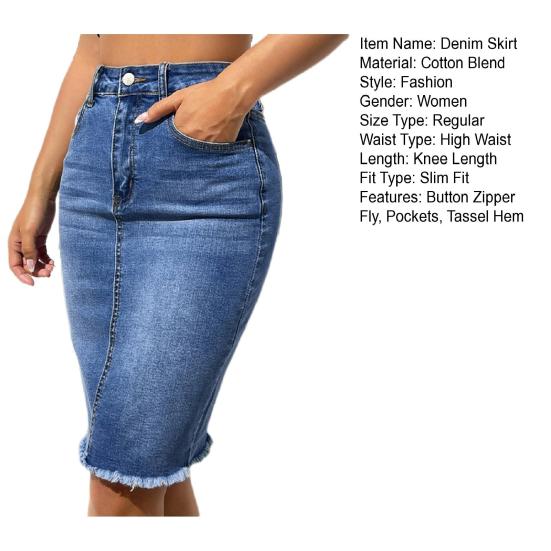 Women Denim Skirt High Waist Button Zipper Fly Multi Pockets Midi Skirt Solid Color Hip Wrapped Tassel Hem Washed Skirt