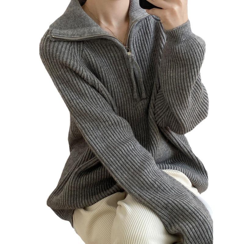 Lazy wind thickened lapel sweater women's autumn and winter soft waxy pullover zipper sweater knitted sweater jacket women