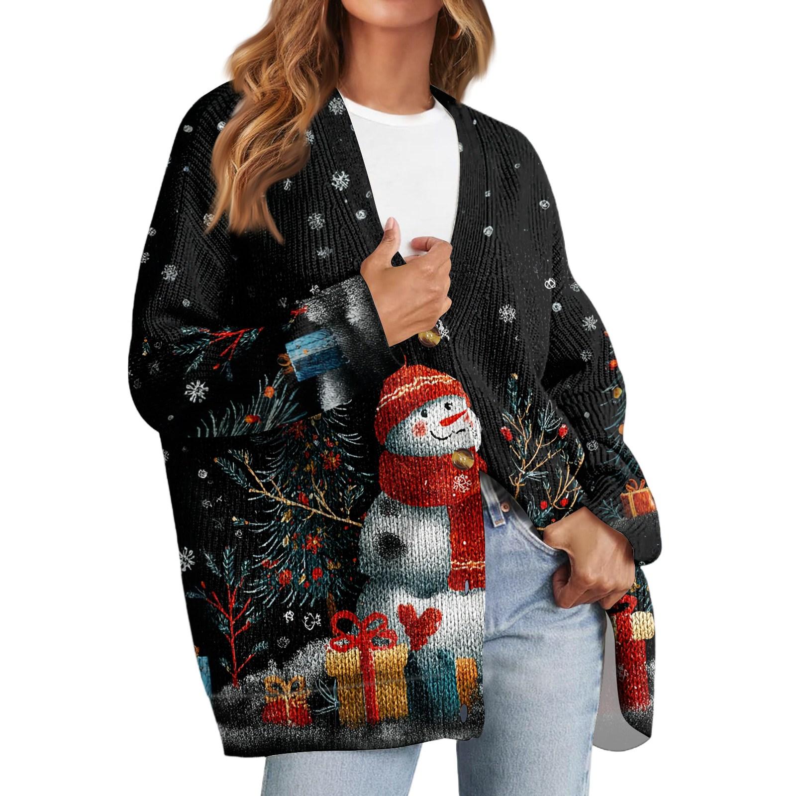 

Women s Fashion Long Sleeve Christmas Print V-Neck Button Loose Cardigan Top XXL