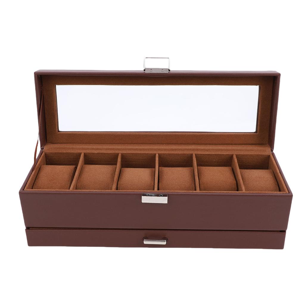 Puzdro na hodinky pre mužov Kožené 6 priehradiek 2-vrstvové Puzdro na vystavenie hodiniek na uloženie zbierky hodiniek a šperkov Hnedé