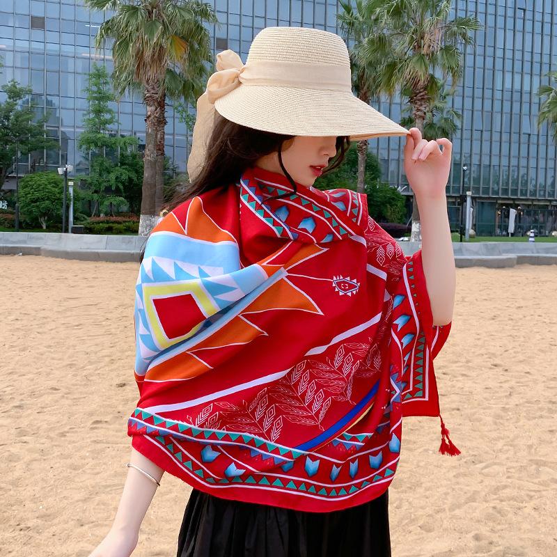 New Summer Elegant Women Silk Scarf Beach Wrap Shawl Vintage Red Plaid Print Sunscreen Bandana Hijab Mujer Bohemian Scarve Pareo