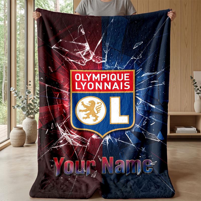 Lyon FC Custom Name Text Flannel Blanket Soccer Logo Personalized Fleece Throw Blanket Special Gift For Sofa Bedroom Home