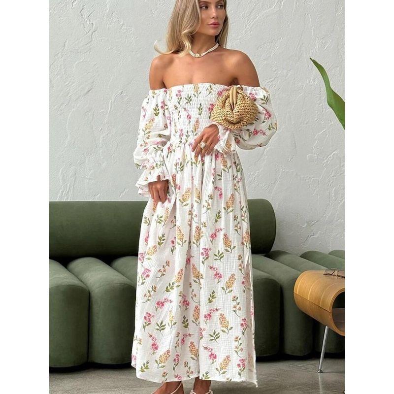 European and American-Style off-Shoulder Sexy Sexy High Waist Floral Pleat Split Lantern Sleeve Long sleeve Mid-Length Dress