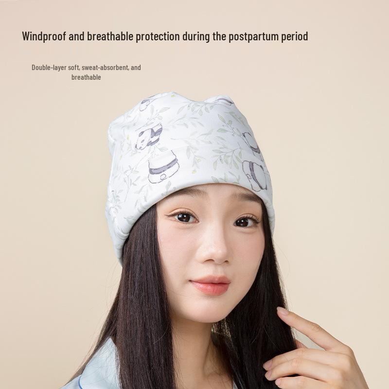 Windproof Double-Layer Postpartum Maternity Hat - Pure Cotton, High Elastic, Hexagonal Design.