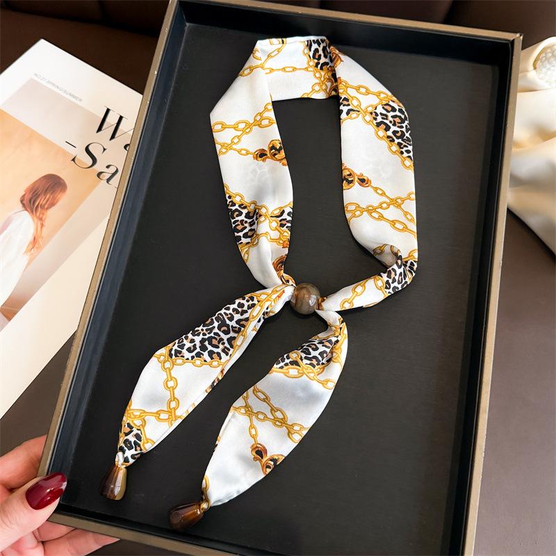 Professional Versatile Simulation Silk Printed Silk Scarf Double-layer Beaded Premium Sense Neck Protection Commuter Strip Decorative Scarf Scarf