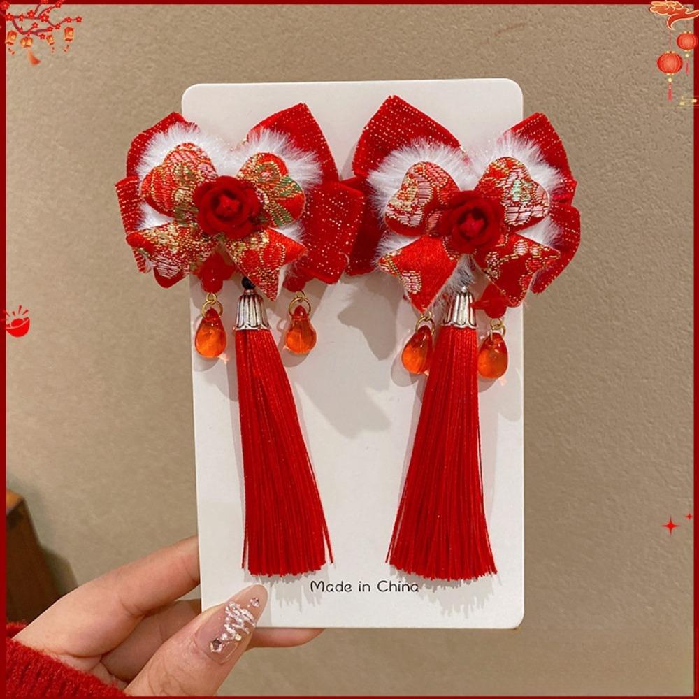 2pcs New Chinese New Year Hair Clips Red Lucky Blessing Headwear Hair Accessories Cute Bow Ribbon Velvet Hairpins for Baby