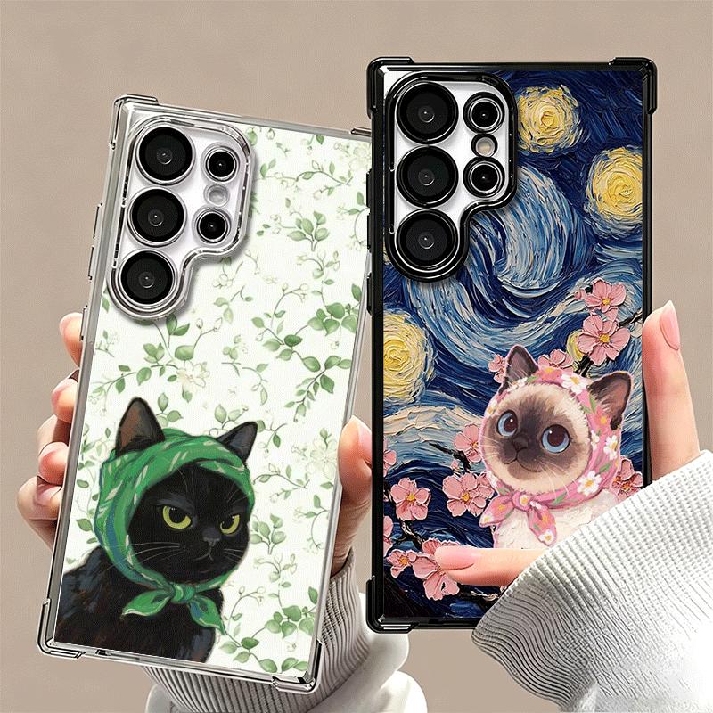 Cute Floral Headscarf Kitten Plating Phone Case For Samsung Galaxy S24 S25 FE S26 Edge S23 Ultra S22 S21 Plus S20 Anti-Fall Aira