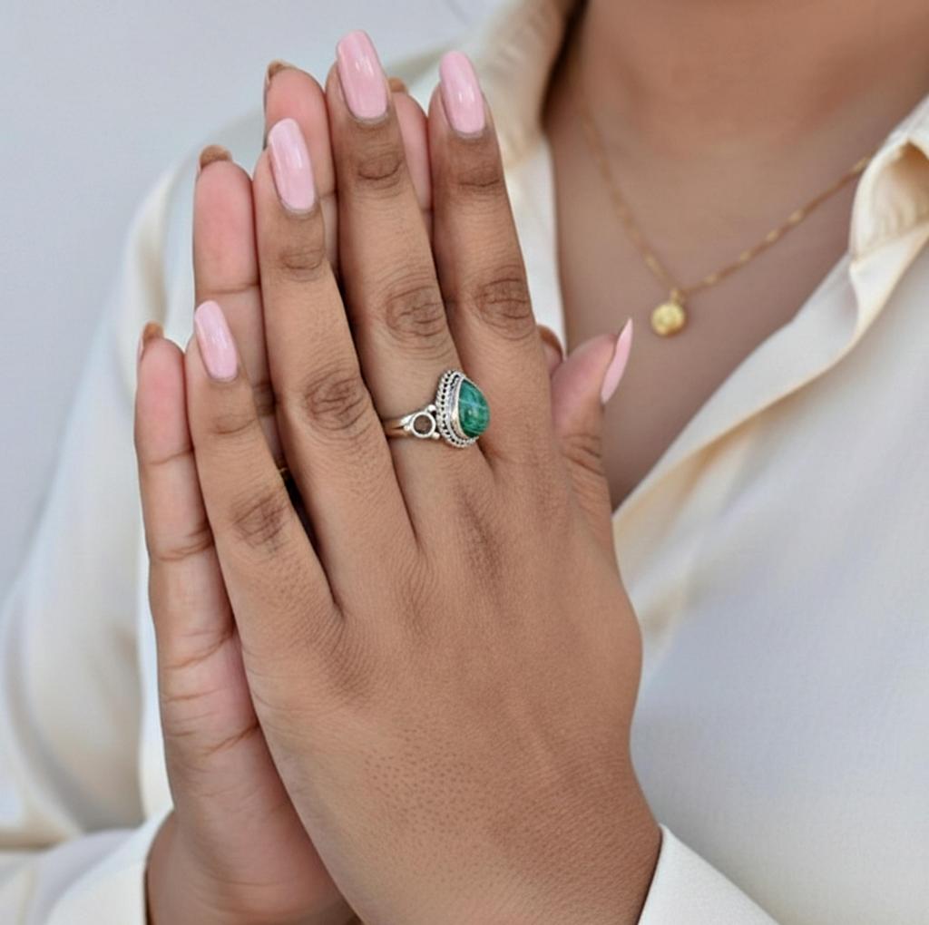 Green Malachite Statement Ring, 925 Sterling Silver, Minimalist Promise Ring, Gift for Her