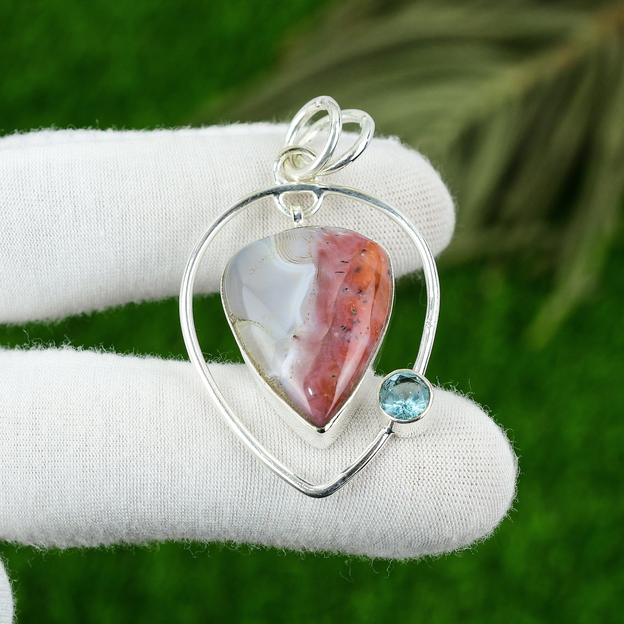 

925 Silver Natural Crazy Lace Agate Topaz Anniversary Bezel Wife Pendant Jewelry