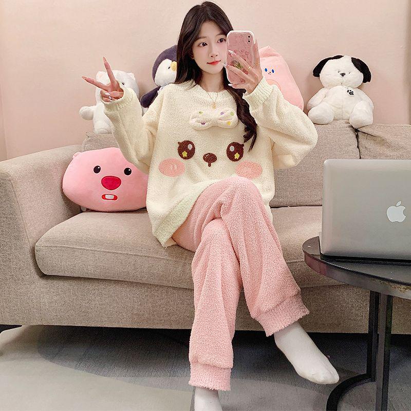 Women's Winter Coral Fleece Pajamas, Long-Sleeved Flannel Set with Velvet, Suitable for Spring and Autumn, Can Be Worn Outdoors