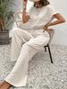 Elegant Women's Solid Color Two-Piece Set: Round Neck T-shirt & Waist-Cinching Straight Leg Pants.