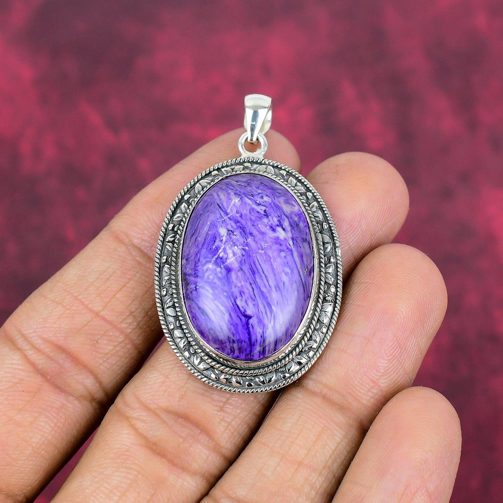 Pandantiv din piatră prețioasă lucrat manual Charoite, bijuterii antice pandantiv din argint solid 925, pentru cadou de logodnă