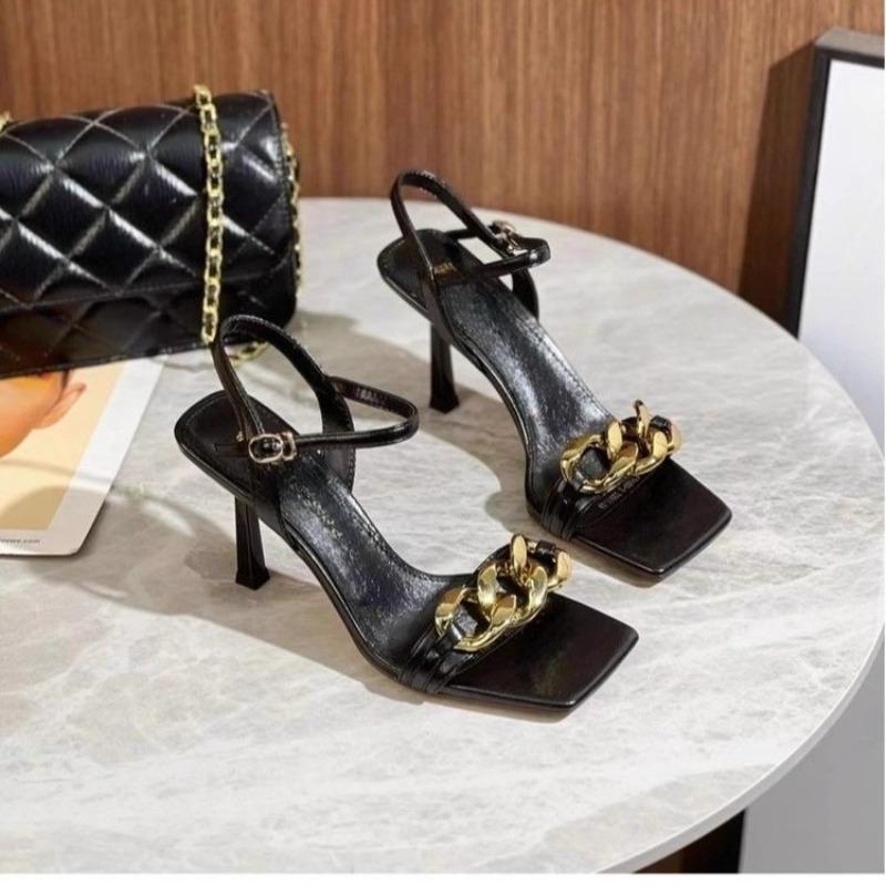 Fashion Summer New Large Chain High Heels Women's Square Toe Open Toe One Strap Stiletto Temperament Non-slip Sandals