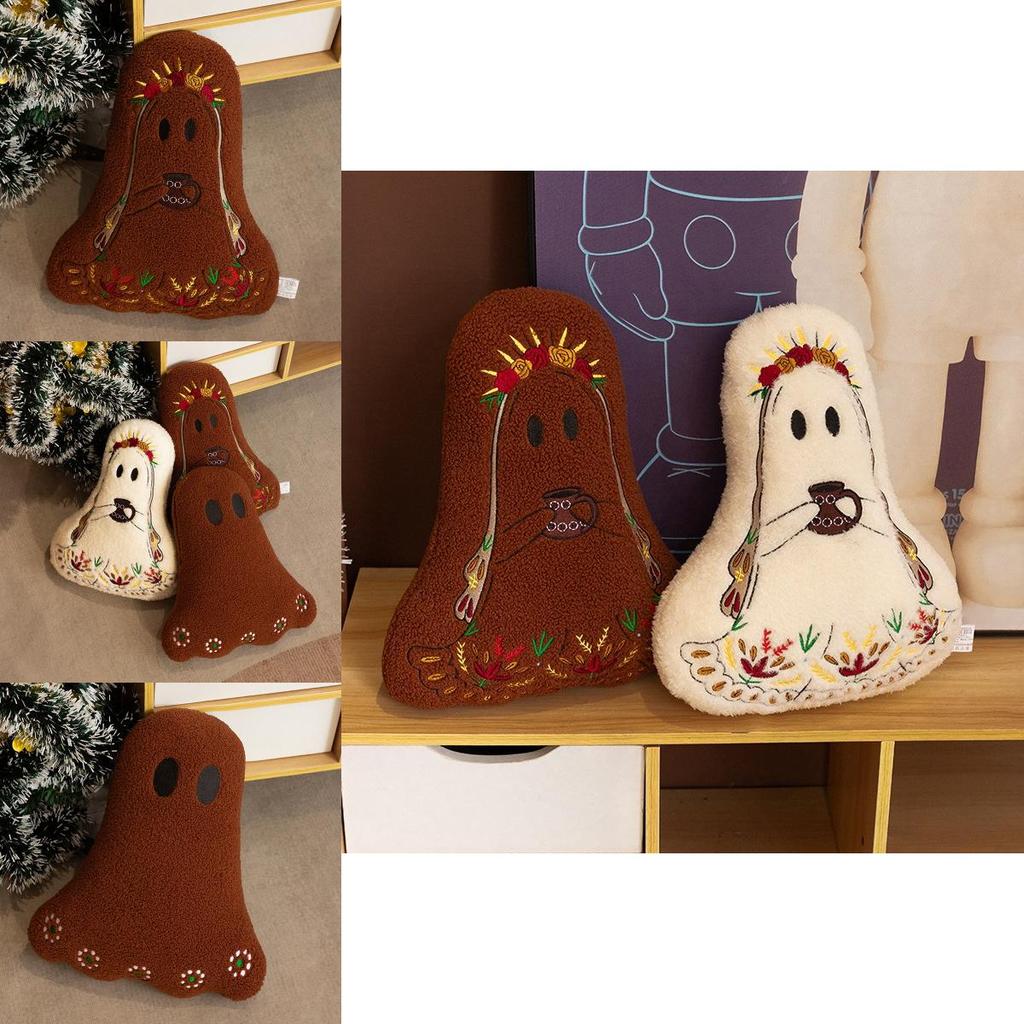 Halloween Ghost Plush Cushion With Embroidered Design For Living Room Decor