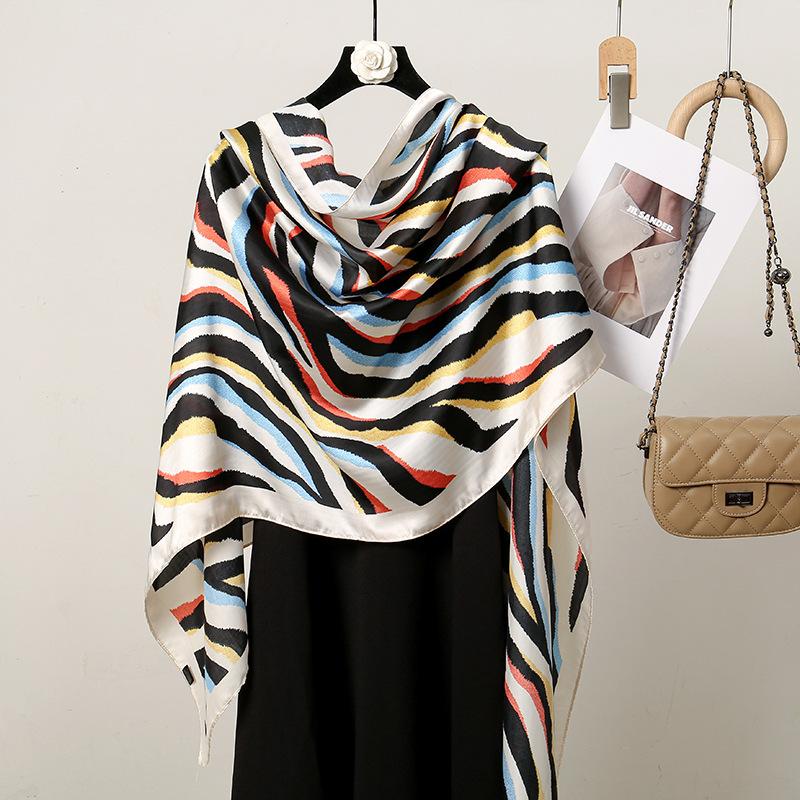 Spring and Summer Colourful Stripes Liqin Satin With Printed Medium Long Silk Scarf Ladies Shawl