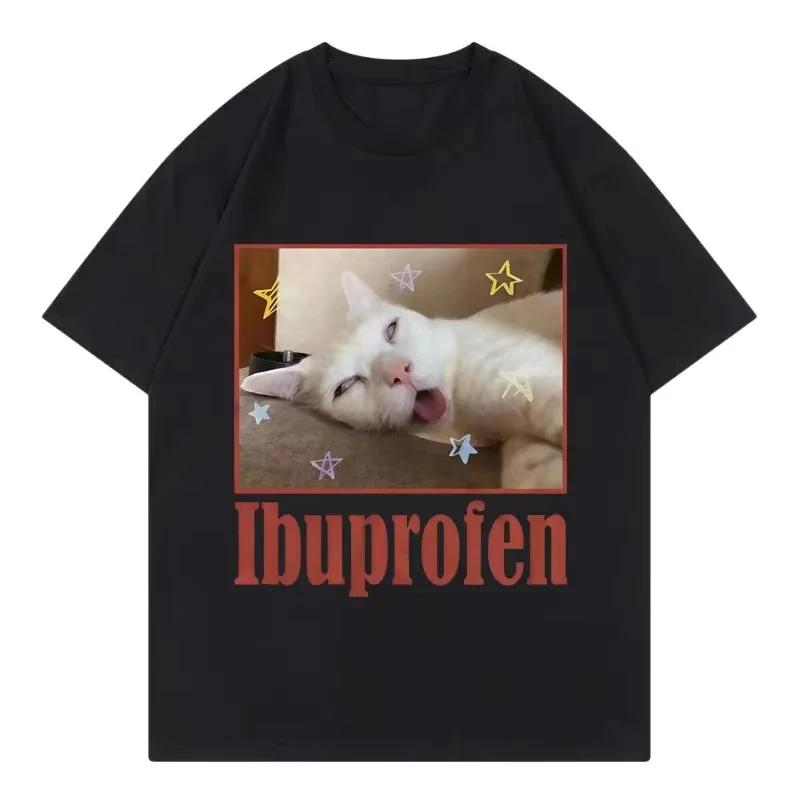 Fun Ibuprofen Cat Meme Print T-Shirt for Women Stylish and Cute Short-Sleeved T-Shirt Summer Casual Women s T-Shirt S