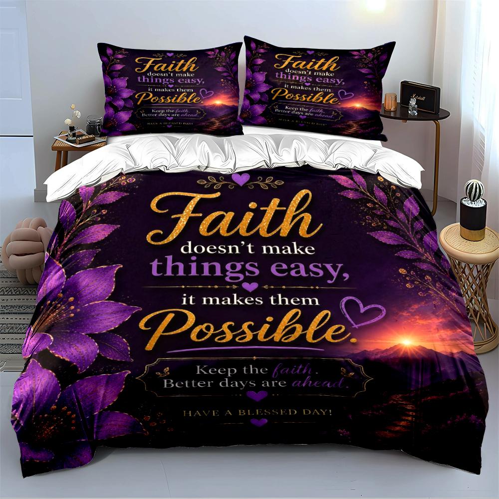 Faith-Inspired Purple Floral Bedding Set Bedding set (1 duvet cover, 2 pillowcases, duvet not included)