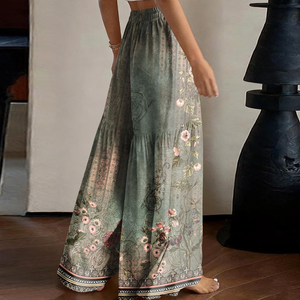 Pantalones de Cintura Alta Pierna Ancha para Mujer Corte Holgado Ligeros Estampado Floral Pantalones Palazzo Estilo Vintage Casual Largos para Verano