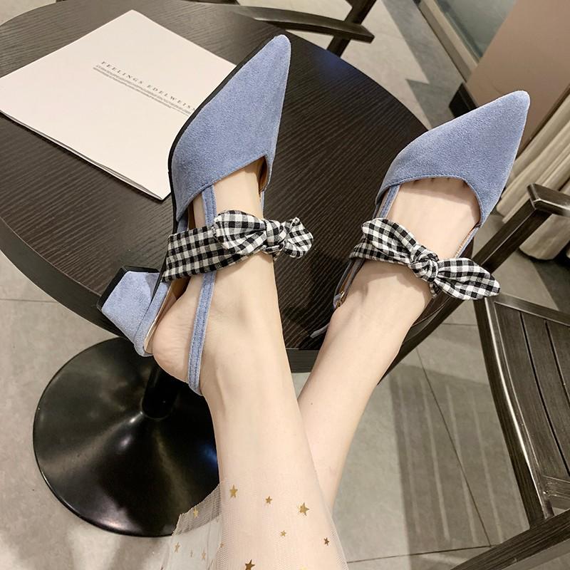 Fashion Women's Pointed Toe Sandals Summer High Heels Shoes Suede Fabric Vacation Beach Shoes Square Heel Bow Women's Shoes
