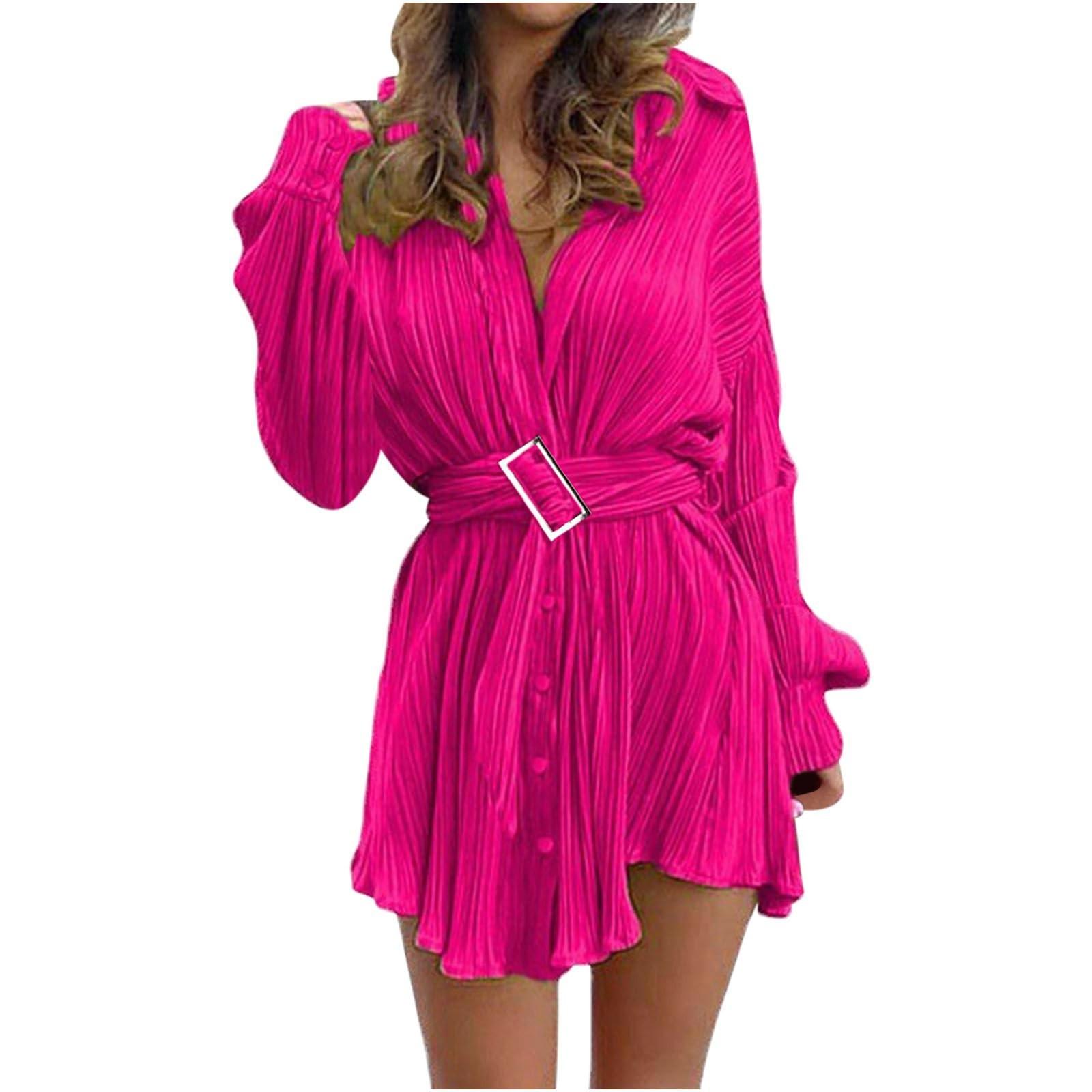 Women s Shirt Collar Fashionable Elastic Waist Pleated Long Sleeved  Dress XL горячий розовый