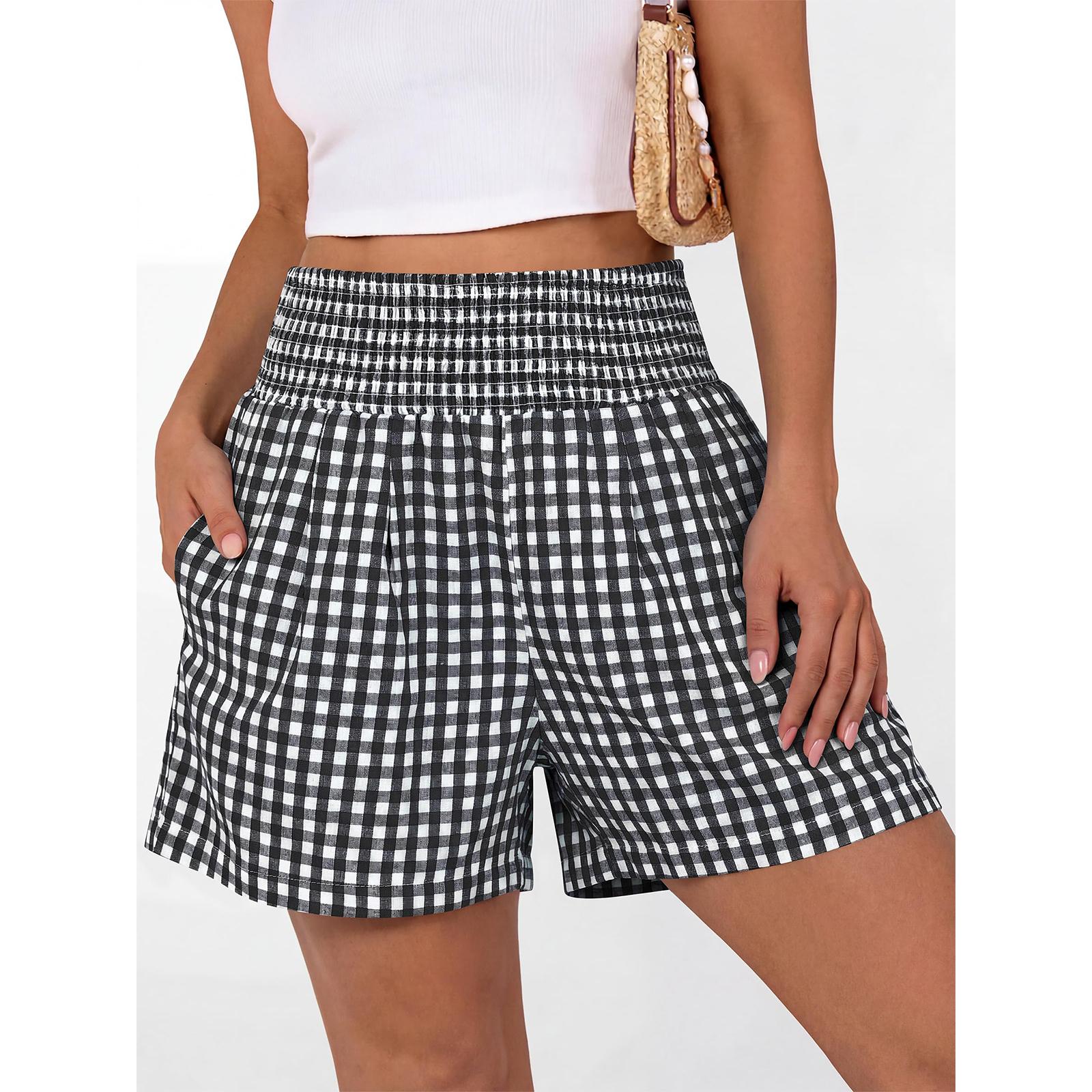 

Women s Casual Plaid Shorts with Elastic Waistband and Pockets Loose Fit Wrinkled Design Lightweight Summer Bottoms M чорний
