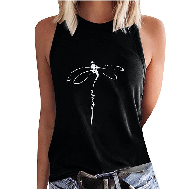 Women's Dragonfly and Dandelion Printed Sleeveless T-shirt, Y2K Street Clothing, Off Shoulder Tank Top, Sexy Sleeveless Girl's T-shirt