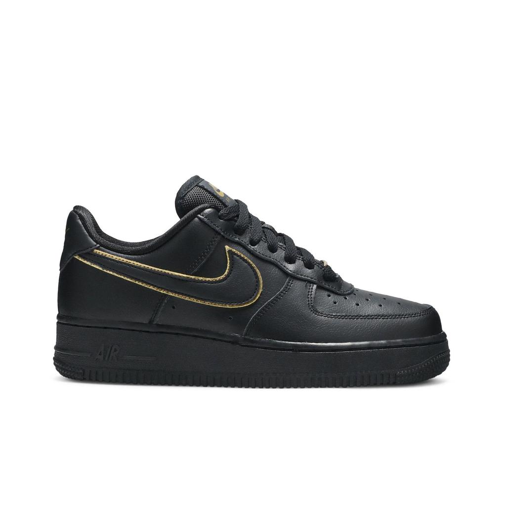 Nike Womens Air Force 1 Low '07 Essential 'Black Gold Swoosh' (women's sizes) Black / Black / Metallic Gold / Black Skateboard Shoes AO2132 005