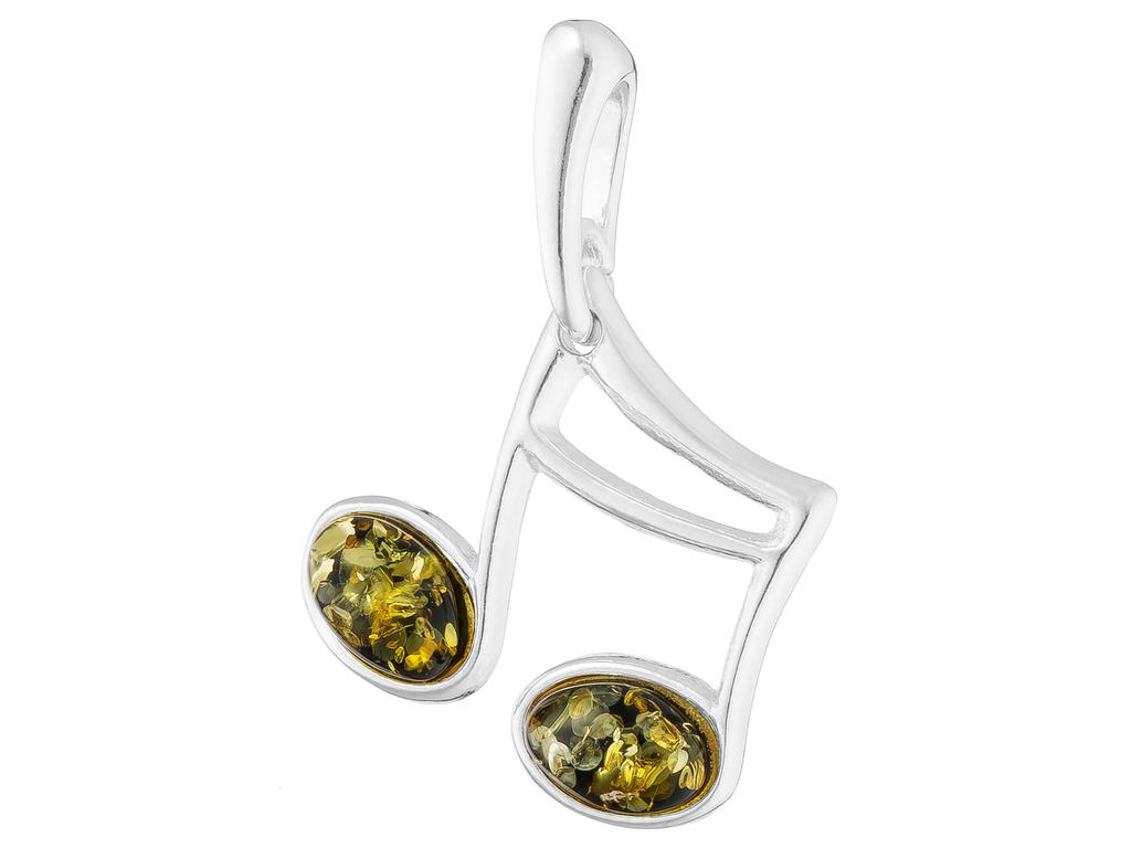 Short Silver Necklace Music Note With Green Amber Sixteenth Note 42 Cm