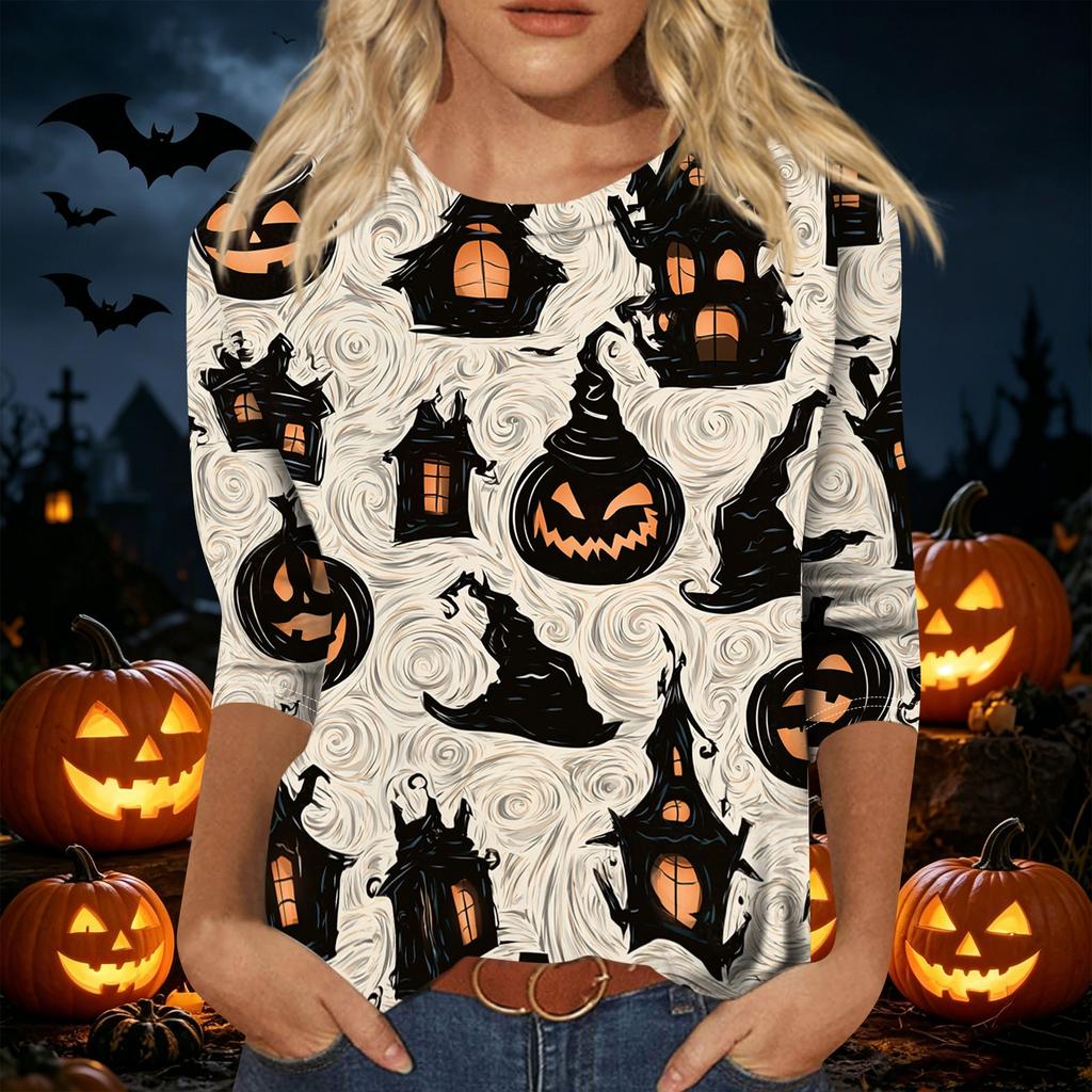 Women's Casual Halloween Print Pullover Top Lightweight Long Sleeve Round Neck Shirt for Fall Seasonal Wear