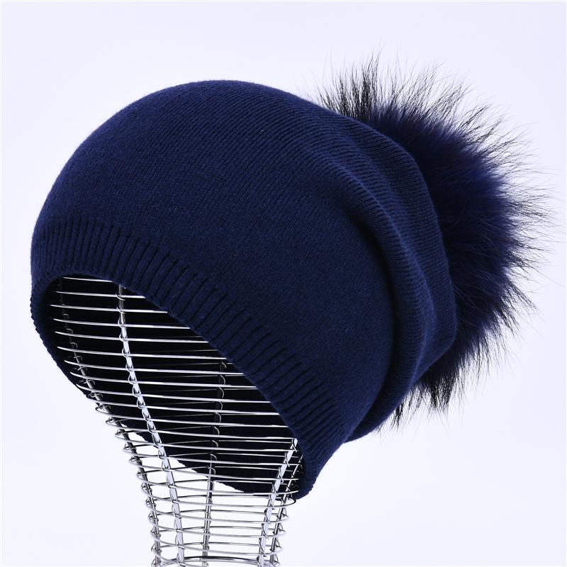 Real Raccoon Fur Pom Pom Knitted Hat Women Beanies Cashmere Winter Hat Female Girl Cotton Skullies Wool Beanie Hat