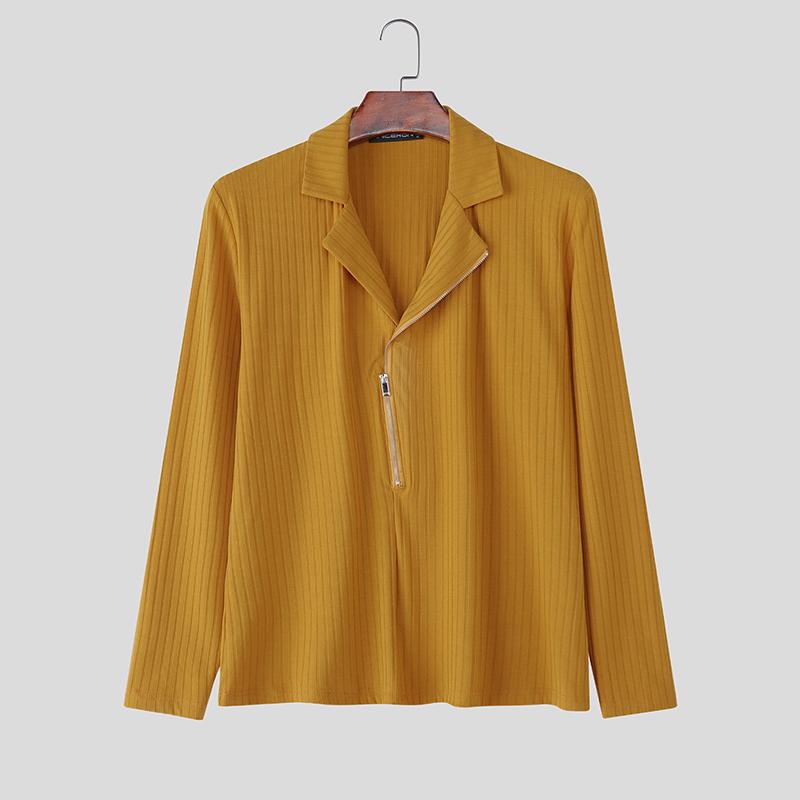 INCERUN Autumn Spring Men Zip-up Neck Long Sleeve Casual Rib Pullovers Tops