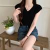 New Summer Solid Color Temperament V-Neck Short Knit Short Sleeve T-shirt Top Female