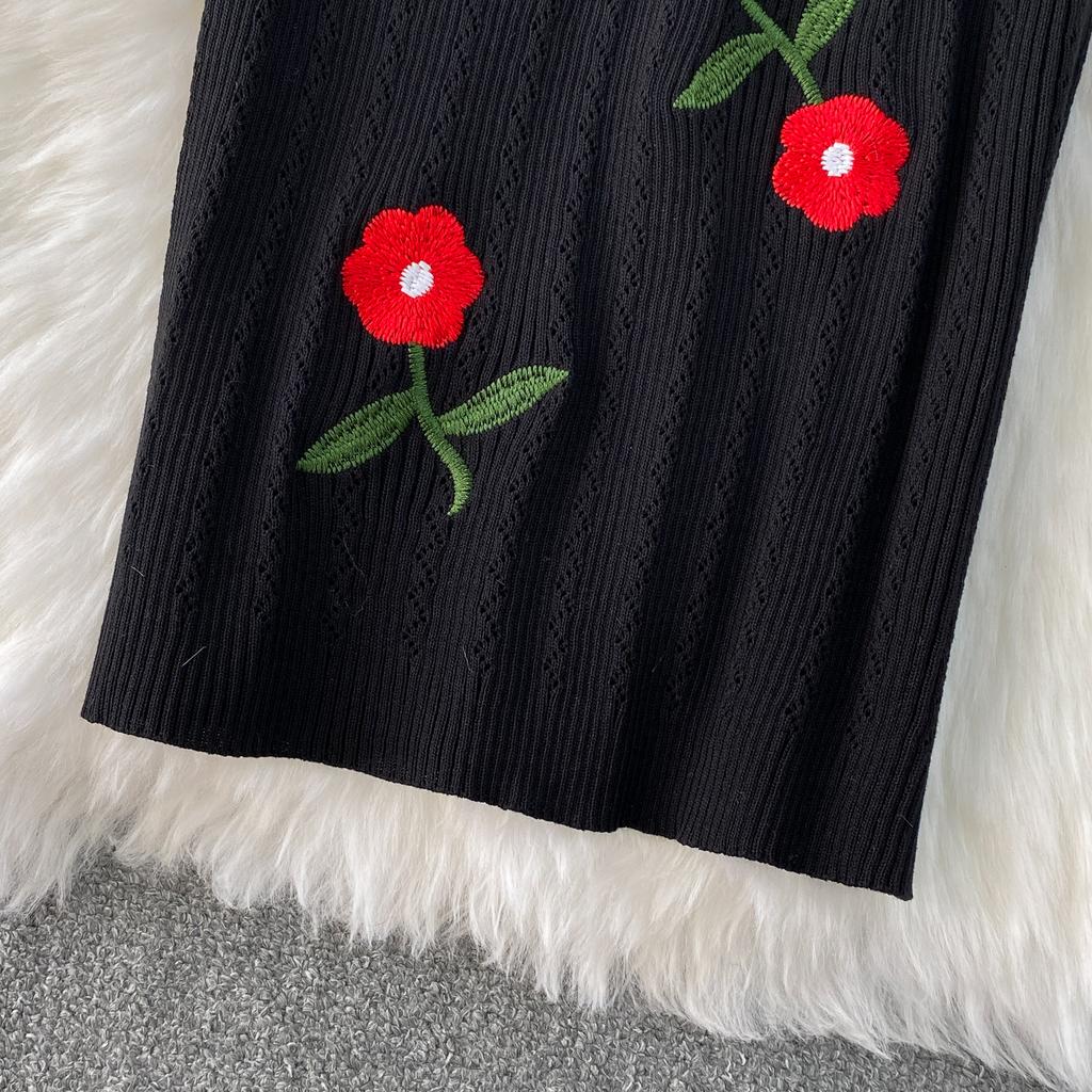 Summer Women Vintage Puff Sleeve Embroidery Rose Flower Office Party Knitted Sweater Slim Bodycon Sheath Pullover Dresses