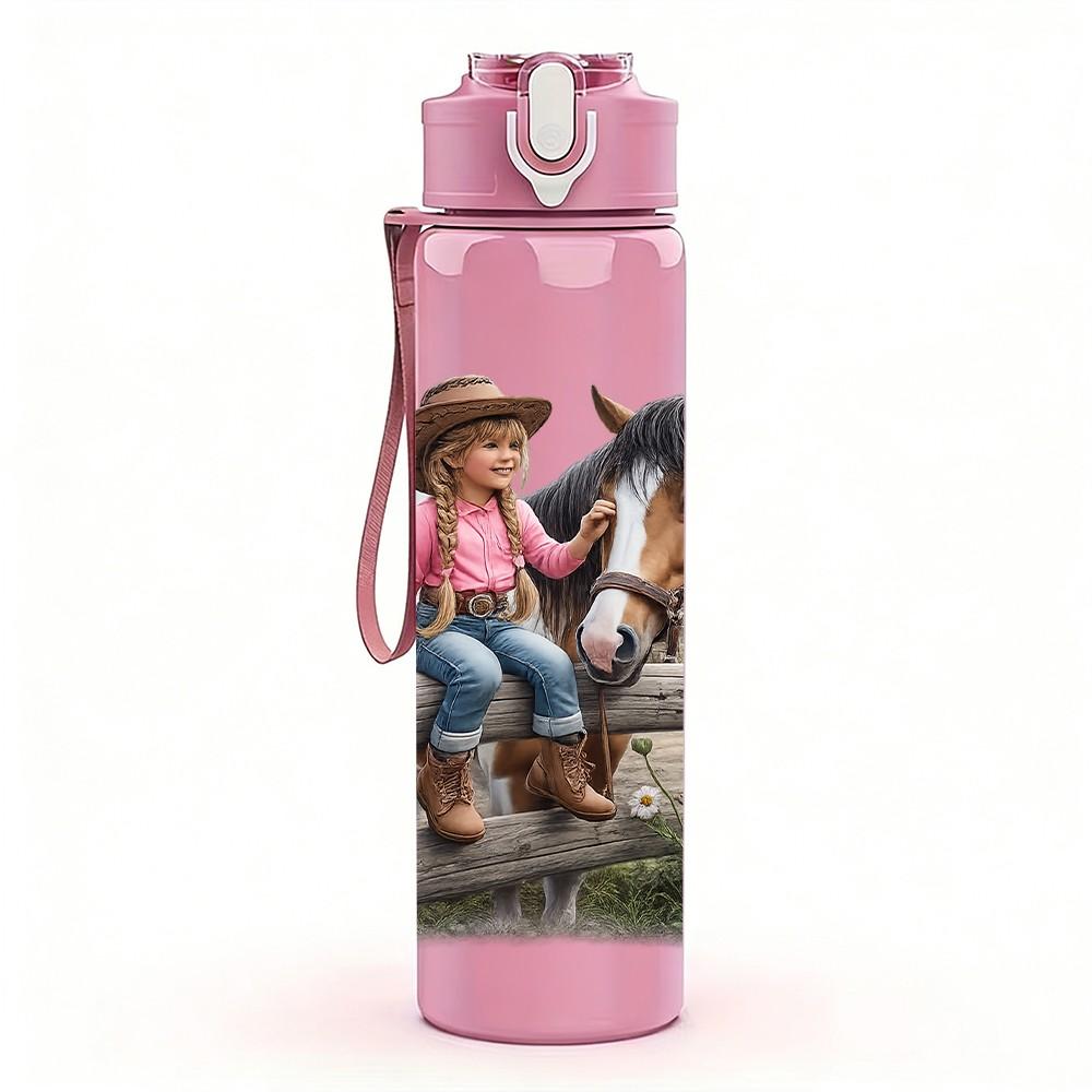 1PC Cowgirl Horse Western Scene Print 750ml Color Plastic Sports Water Bottle Leakproof Flip Straw Lid Suitable for Sports Office Home Use