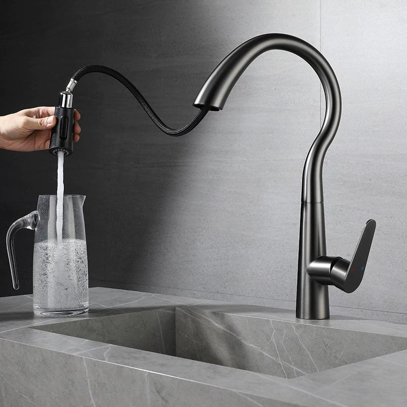 Küchenspüle Wasserhahn Grau Ausziehbar Spülbecken Mischbatterie Drehbar 304 SUS Bleifrei Spülbecken Mischhahn Warm Kalt Küchenarmatur
